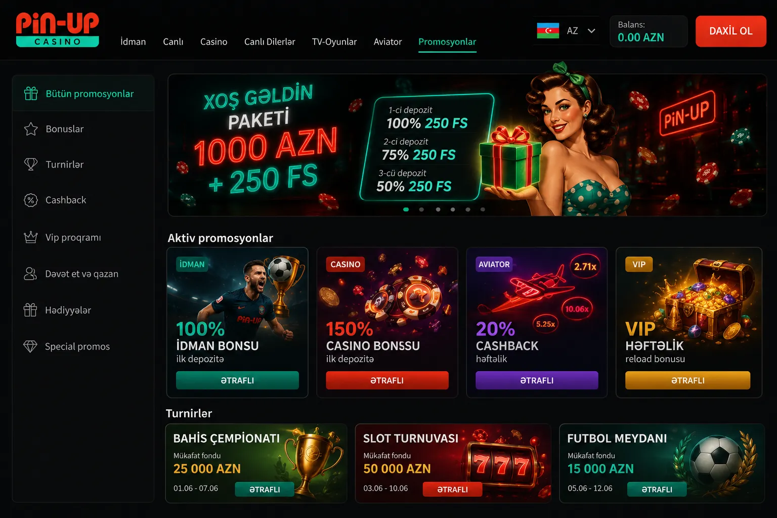Pulsuz spinlər və promosyonlar Pin Up giriş
